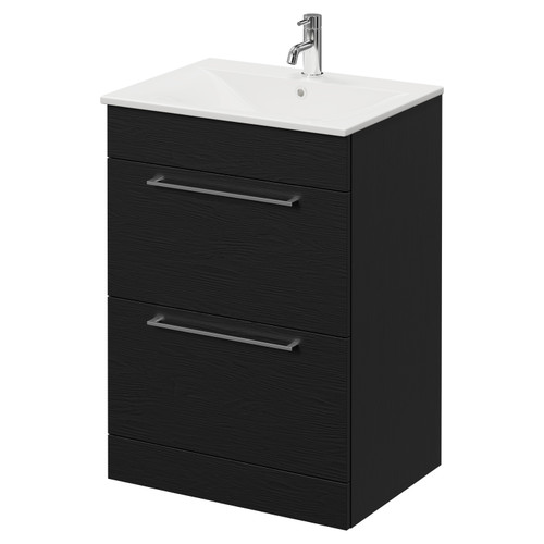 Napoli Nero Oak 600mm Floor Standing Vanity Unit with 1 Tap Hole Minimalist Basin and 2 Drawers with Chrome Handles Right Hand View