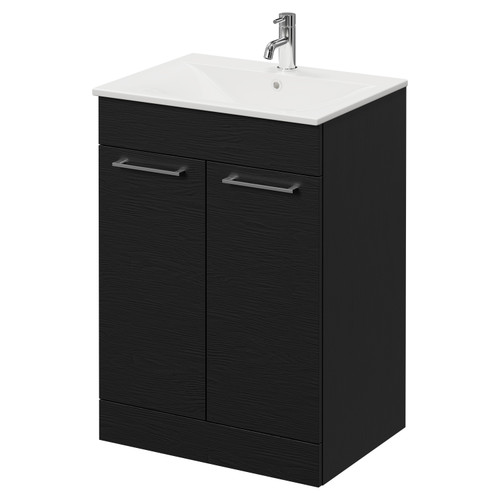 Napoli Nero Oak 600mm Floor Standing Vanity Unit with 1 Tap Hole Minimalist Basin and 2 Doors with Chrome Handles Right Hand View