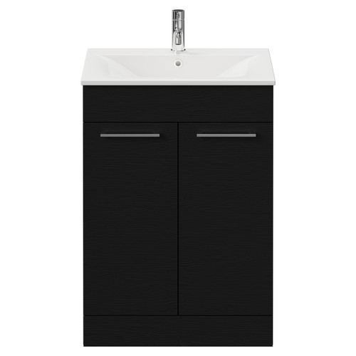 Napoli Nero Oak 600mm Floor Standing Vanity Unit with 1 Tap Hole Minimalist Basin and 2 Doors with Chrome Handles Front View