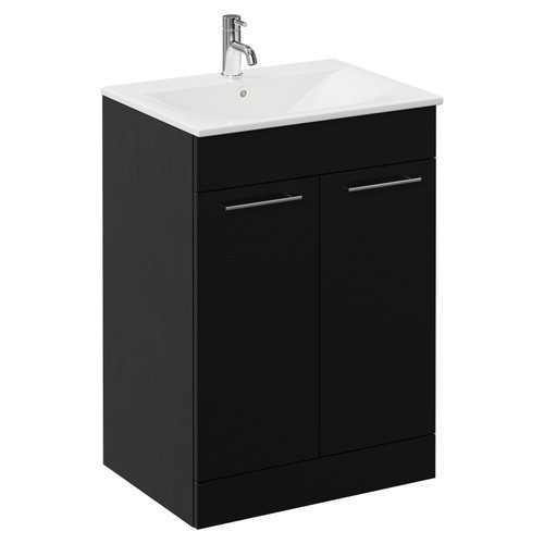 Napoli Nero Oak 600mm Floor Standing Vanity Unit with 1 Tap Hole Minimalist Basin and 2 Doors with Chrome Handles Left Hand View