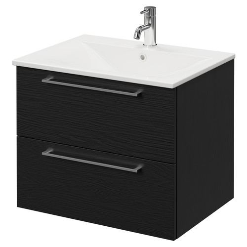 Napoli Nero Oak 600mm Wall Mounted Vanity Unit with 1 Tap Hole Minimalist Basin and 2 Drawers with Chrome Handles Right Hand View