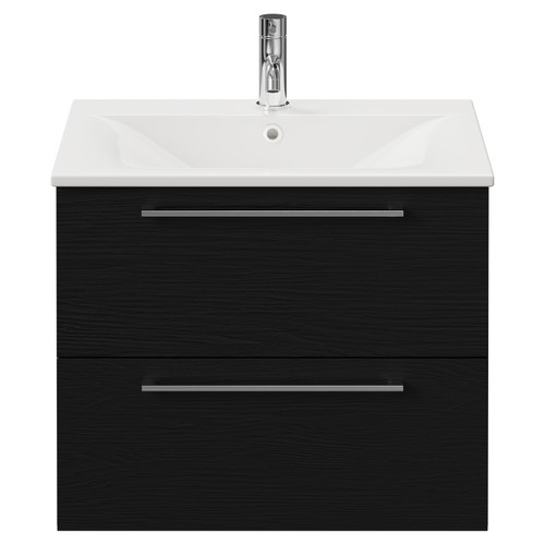 Napoli Nero Oak 600mm Wall Mounted Vanity Unit with 1 Tap Hole Minimalist Basin and 2 Drawers with Chrome Handles Front View