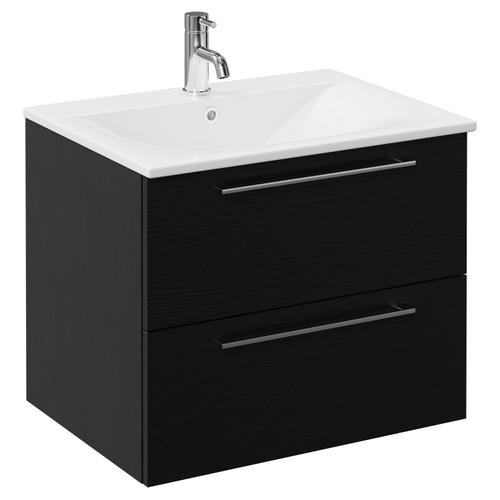 Napoli Nero Oak 600mm Wall Mounted Vanity Unit with 1 Tap Hole Minimalist Basin and 2 Drawers with Chrome Handles Left Hand View