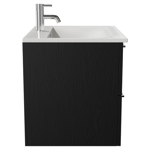 Napoli Nero Oak 600mm Wall Mounted Vanity Unit with 1 Tap Hole Minimalist Basin and 2 Drawers with Chrome Handles Side View