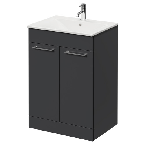 Napoli Gloss Grey 600mm Floor Standing Vanity Unit with 1 Tap Hole Minimalist Basin and 2 Doors with Chrome Handles Right Hand View