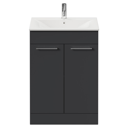 Napoli Gloss Grey 600mm Floor Standing Vanity Unit with 1 Tap Hole Minimalist Basin and 2 Doors with Chrome Handles Front View