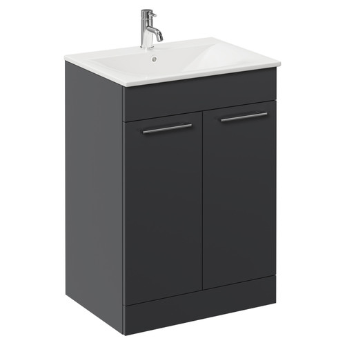 Napoli Gloss Grey 600mm Floor Standing Vanity Unit with 1 Tap Hole Minimalist Basin and 2 Doors with Chrome Handles Left Hand View