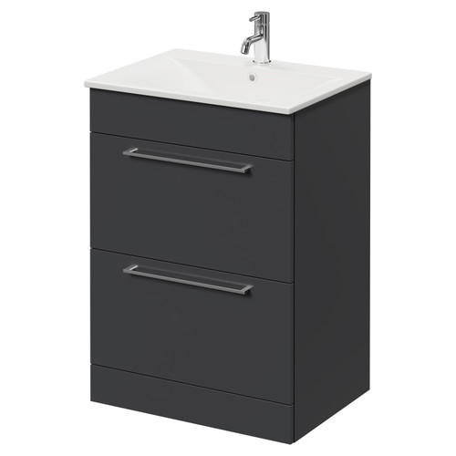 Napoli Gloss Grey 600mm Floor Standing Vanity Unit with 1 Tap Hole Minimalist Basin and 2 Drawers with Chrome Handles Right Hand View