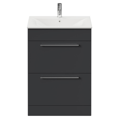 Napoli Gloss Grey 600mm Floor Standing Vanity Unit with 1 Tap Hole Minimalist Basin and 2 Drawers with Chrome Handles Front View