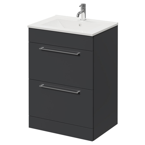 Napoli Gloss Grey 600mm Floor Standing Vanity Unit with 1 Tap Hole Minimalist Basin and 2 Drawers with Chrome Handles Right Hand View