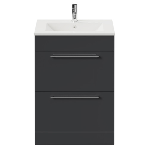 Napoli Gloss Grey 600mm Floor Standing Vanity Unit with 1 Tap Hole Minimalist Basin and 2 Drawers with Chrome Handles View from Front
