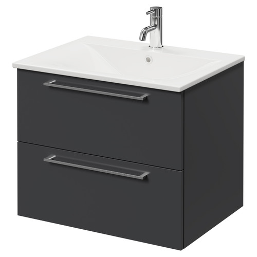 Napoli Gloss Grey 600mm Wall Mounted Vanity Unit with 1 Tap Hole Minimalist Basin and 2 Drawers with Chrome Handles Right Hand View