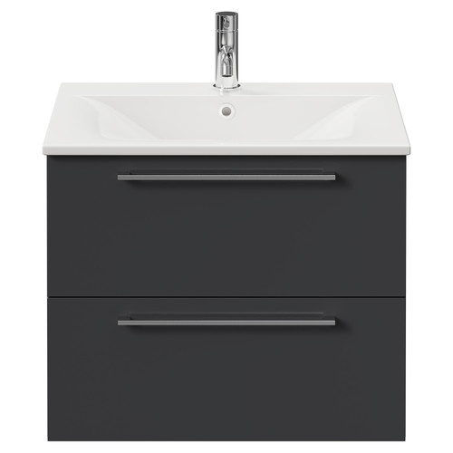 Napoli Gloss Grey 600mm Wall Mounted Vanity Unit with 1 Tap Hole Minimalist Basin and 2 Drawers with Chrome Handles Front View