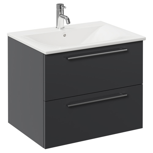 Napoli Gloss Grey 600mm Wall Mounted Vanity Unit with 1 Tap Hole Minimalist Basin and 2 Drawers with Chrome Handles Left Hand View