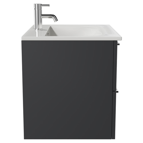 Napoli Gloss Grey 600mm Wall Mounted Vanity Unit with 1 Tap Hole Minimalist Basin and 2 Drawers with Chrome Handles Side View