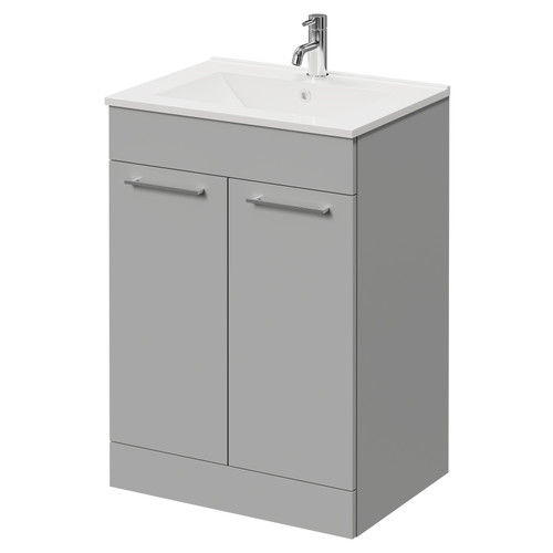 Napoli Gloss Grey Pearl 600mm Floor Standing Vanity Unit with 1 Tap Hole Minimalist Basin and 2 Doors with Chrome Handles Right Hand View