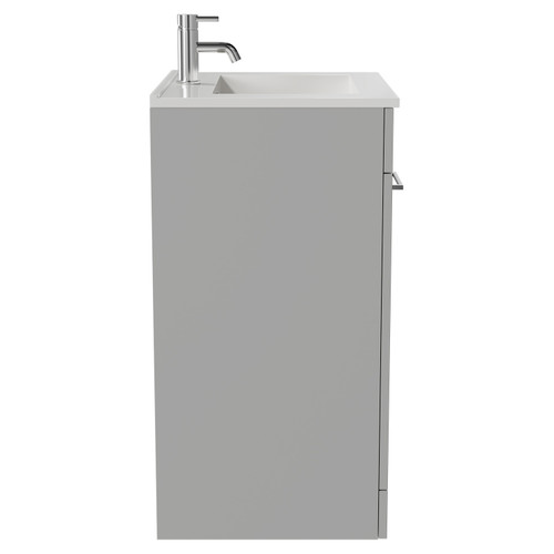 Napoli Gloss Grey Pearl 600mm Floor Standing Vanity Unit with 1 Tap Hole Minimalist Basin and 2 Doors with Chrome Handles View from Side