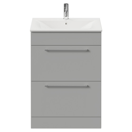 Napoli Gloss Grey Pearl 600mm Floor Standing Vanity Unit with 1 Tap Hole Minimalist Basin and 2 Drawers with Chrome Handles Front View