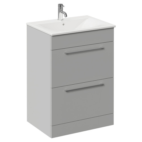 Napoli Gloss Grey Pearl 600mm Floor Standing Vanity Unit with 1 Tap Hole Minimalist Basin and 2 Drawers with Chrome Handles Left Hand View