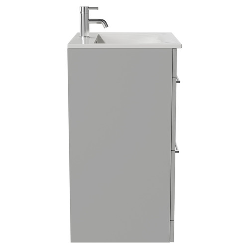 Napoli Gloss Grey Pearl 600mm Floor Standing Vanity Unit with 1 Tap Hole Minimalist Basin and 2 Drawers with Chrome Handles Side View
