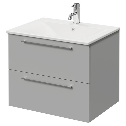 Napoli Gloss Grey Pearl 600mm Wall Mounted Vanity Unit with 1 Tap Hole Minimalist Basin and 2 Drawers with Chrome Handles Right Hand View