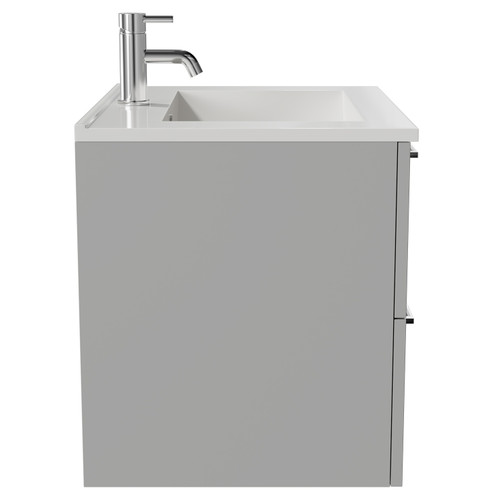Napoli Gloss Grey Pearl 600mm Wall Mounted Vanity Unit with 1 Tap Hole Minimalist Basin and 2 Drawers with Chrome Handles View from Side