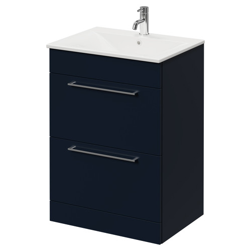Napoli Deep Blue 600mm Floor Standing Vanity Unit with 1 Tap Hole Minimalist Basin and 2 Drawers with Chrome Handles Right Hand View