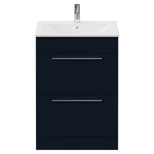 Napoli Deep Blue 600mm Floor Standing Vanity Unit with 1 Tap Hole Minimalist Basin and 2 Drawers with Chrome Handles Front View