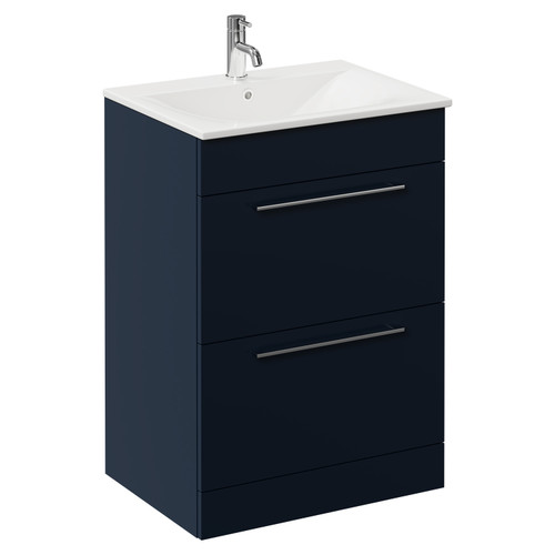 Napoli Deep Blue 600mm Floor Standing Vanity Unit with 1 Tap Hole Minimalist Basin and 2 Drawers with Chrome Handles Left Hand View