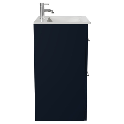 Napoli Deep Blue 600mm Floor Standing Vanity Unit with 1 Tap Hole Minimalist Basin and 2 Drawers with Chrome Handles Side View