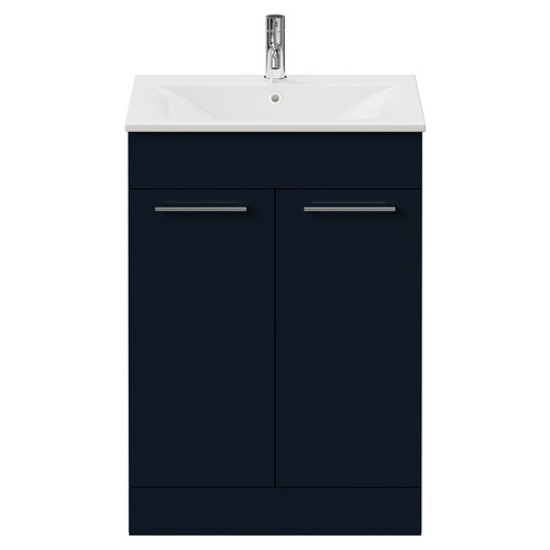 Napoli Deep Blue 600mm Floor Standing Vanity Unit with 1 Tap Hole Minimalist Basin and 2 Doors with Chrome Handles Front View
