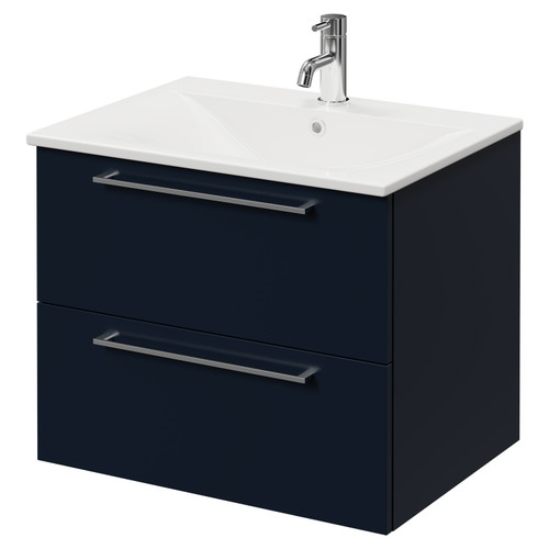Napoli Deep Blue 600mm Wall Mounted Vanity Unit with 1 Tap Hole Minimalist Basin and 2 Drawers with Chrome Handles Right Hand View