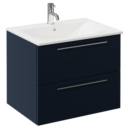 Napoli Deep Blue 600mm Wall Mounted Vanity Unit with 1 Tap Hole Minimalist Basin and 2 Drawers with Chrome Handles Left Hand View