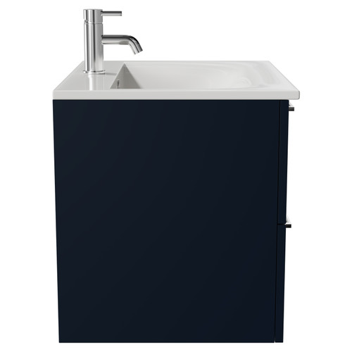 Napoli Deep Blue 600mm Wall Mounted Vanity Unit with 1 Tap Hole Minimalist Basin and 2 Drawers with Chrome Handles Side View