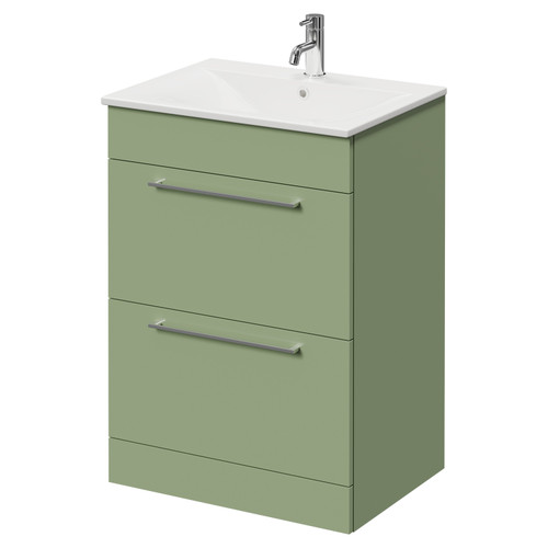 Napoli Olive Green 600mm Floor Standing Vanity Unit with 1 Tap Hole Minimalist Basin and 2 Drawers with Chrome Handles Right Hand View