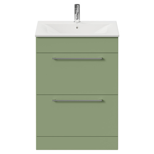 Napoli Olive Green 600mm Floor Standing Vanity Unit with 1 Tap Hole Minimalist Basin and 2 Drawers with Chrome Handles Front View