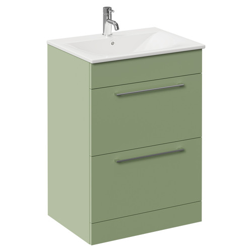 Napoli Olive Green 600mm Floor Standing Vanity Unit with 1 Tap Hole Minimalist Basin and 2 Drawers with Chrome Handles Left Hand View