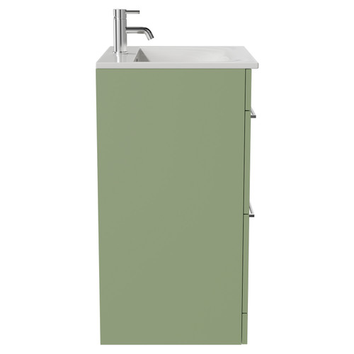 Napoli Olive Green 600mm Floor Standing Vanity Unit with 1 Tap Hole Minimalist Basin and 2 Drawers with Chrome Handles Side View