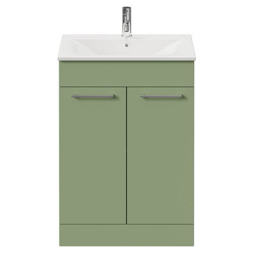 Napoli Olive Green 600mm Floor Standing Vanity Unit with 1 Tap Hole Minimalist Basin and 2 Doors with Chrome Handles Front View