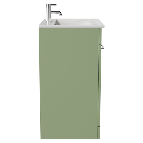 Napoli Olive Green 600mm Floor Standing Vanity Unit with 1 Tap Hole Minimalist Basin and 2 Doors with Chrome Handles Side View