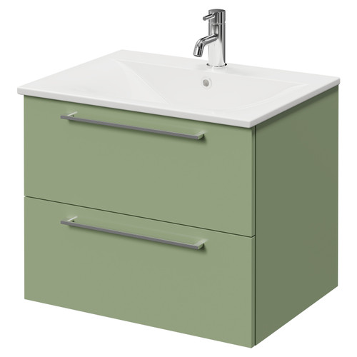 Napoli Olive Green 600mm Wall Mounted Vanity Unit with 1 Tap Hole Minimalist Basin and 2 Drawers with Chrome Handles Right Hand View