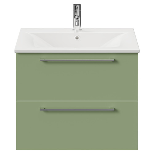 Napoli Olive Green 600mm Wall Mounted Vanity Unit with 1 Tap Hole Minimalist Basin and 2 Drawers with Chrome Handles Front View