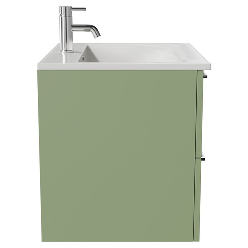 Napoli Olive Green 600mm Wall Mounted Vanity Unit with 1 Tap Hole Minimalist Basin and 2 Drawers with Chrome Handles Side View