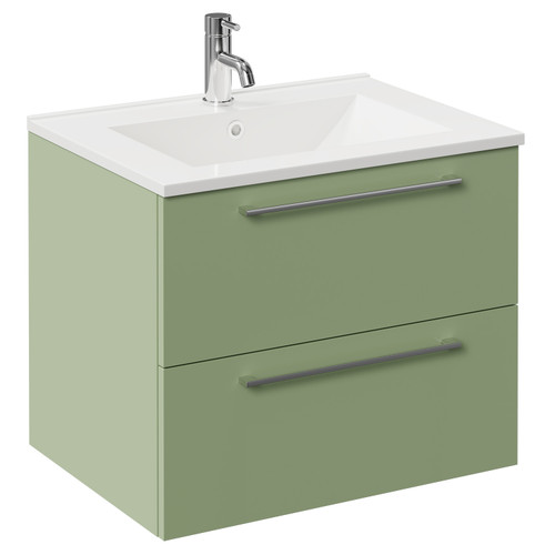 Napoli Olive Green 600mm Wall Mounted Vanity Unit with 1 Tap Hole Minimalist Basin and 2 Drawers with Chrome Handles Left Hand View