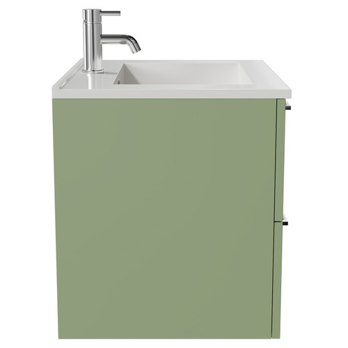 Napoli Olive Green 600mm Wall Mounted Vanity Unit with 1 Tap Hole Minimalist Basin and 2 Drawers with Chrome Handles View from Side