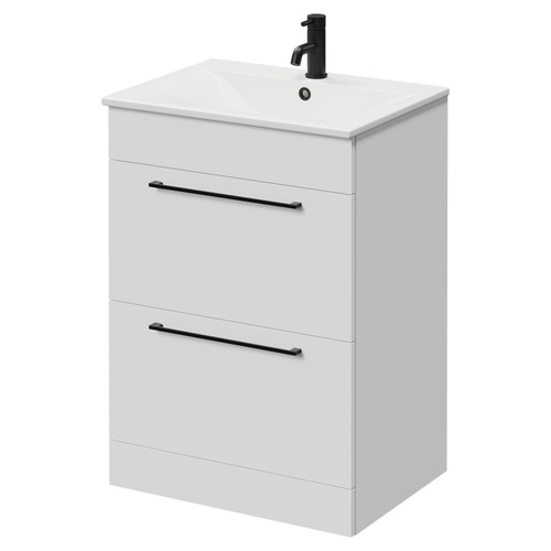 Napoli Gloss White 600mm Floor Standing Vanity Unit with 1 Tap Hole Minimalist Basin and 2 Drawers with Matt Black Handles Right Hand View