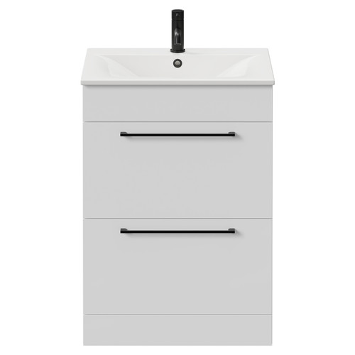 Napoli Gloss White 600mm Floor Standing Vanity Unit with 1 Tap Hole Minimalist Basin and 2 Drawers with Matt Black Handles Front View
