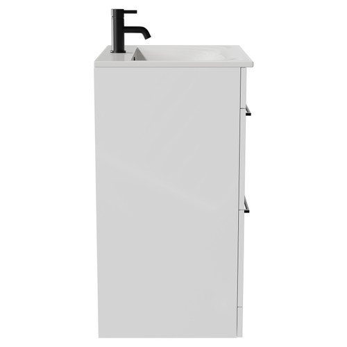 Napoli Gloss White 600mm Floor Standing Vanity Unit with 1 Tap Hole Minimalist Basin and 2 Drawers with Matt Black Handles Side View