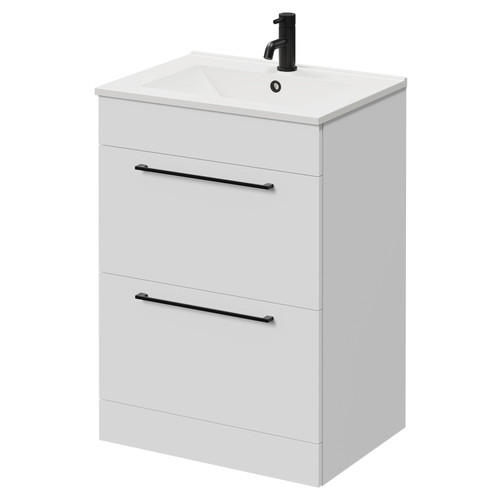Napoli Gloss White 600mm Floor Standing Vanity Unit with 1 Tap Hole Minimalist Basin and 2 Drawers with Matt Black Handles Right Hand View