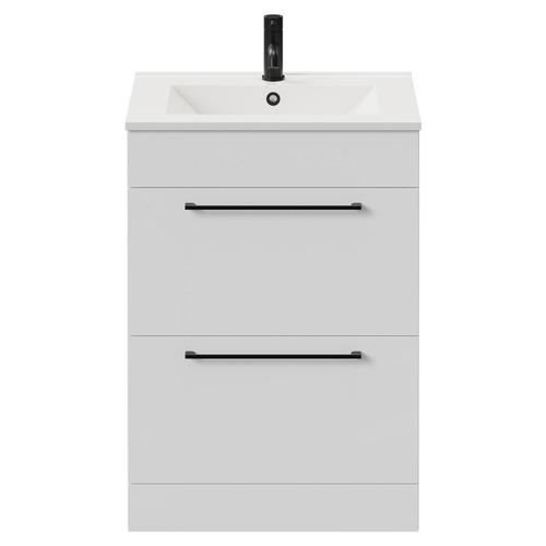 Napoli Gloss White 600mm Floor Standing Vanity Unit with 1 Tap Hole Minimalist Basin and 2 Drawers with Matt Black Handles View from Front